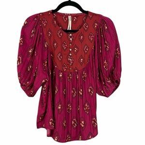 Anthropologie Boho Blouse Pink Red Print Puff Sleeve Button Front Size Small